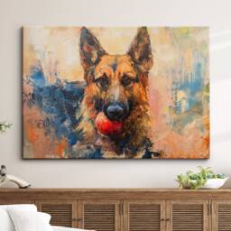 German Shepherd With Chew Ball Dog Pet Art Oil Painting Framed Poster Print & Canvas Wall Living Home Decor Interior Gift - thumbnail 1