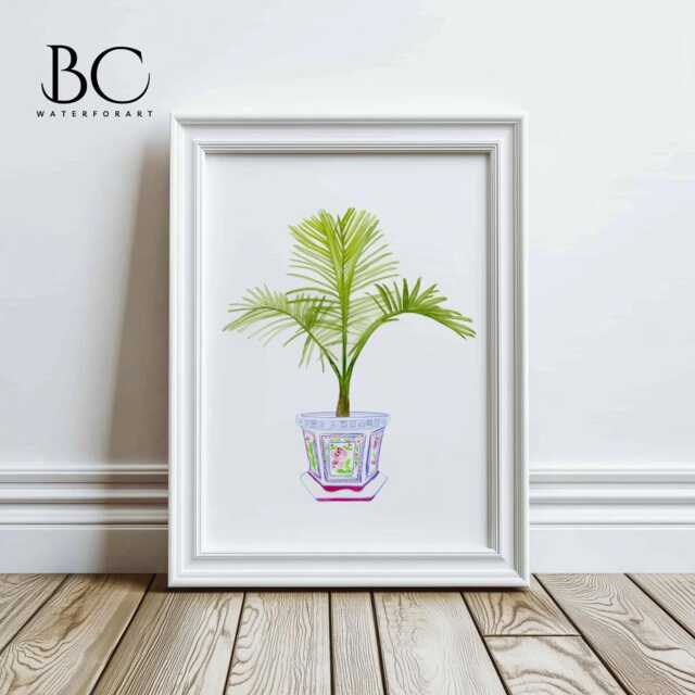 Watercolor Chinoiserie & Palm Tree in A Blue & White Pot Print, Art Print, Vase Tropical Leaves Leaf Print - image 1