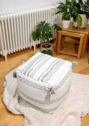 Pouffe Square Geometric Grey & White Tassels Pre Filled Ottoman Foot Stool - thumbnail 1