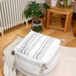 Pouffe Square Geometric Grey & White Tassels Pre Filled Ottoman Foot Stool - thumbnail 3