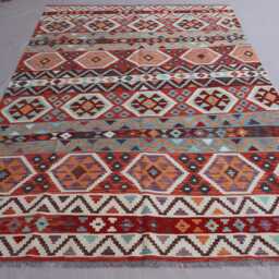 7x10 Gabbeh Design Kilim Rug, Geometric Boho Afghan Handmade Wool Flatweave Natural Veg Dyes Oriental Area Bedroom Rug - thumbnail 3