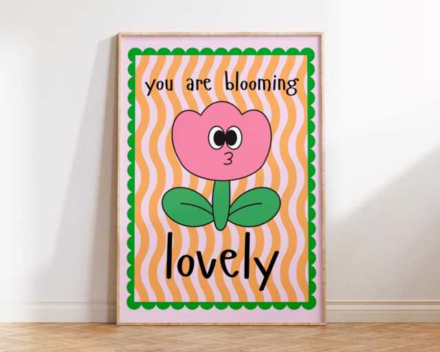 You Are Blooming Lovely Print - Girls Room Kids Bedroom Poster Playroom Nursery Prints Childrens Decor Retro Flower Pink Green - image 1