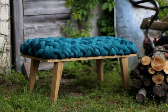 Velvet Woven Knot Bench, Upholstered Ottoman With Wooden Legs - image 1
