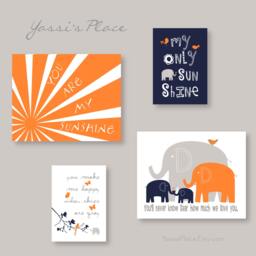 Boy Decor You Are My Sunshine Orange Navy & Gray Nursery Art - Brothers Elephant Wall Prints Or Canvas Set Of 4 Es3Eon-001 - thumbnail 1