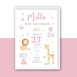 Personalised Baby Birth Stats Print New Keepsake Gift, Safari Animal Nursery Decor - thumbnail 3