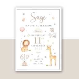 Personalised Baby Birth Stats Print New Keepsake Gift, Safari Animal Nursery Decor - thumbnail 2