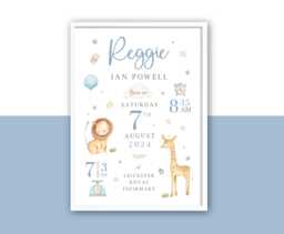Personalised Baby Birth Stats Print New Keepsake Gift, Safari Animal Nursery Decor - thumbnail 1