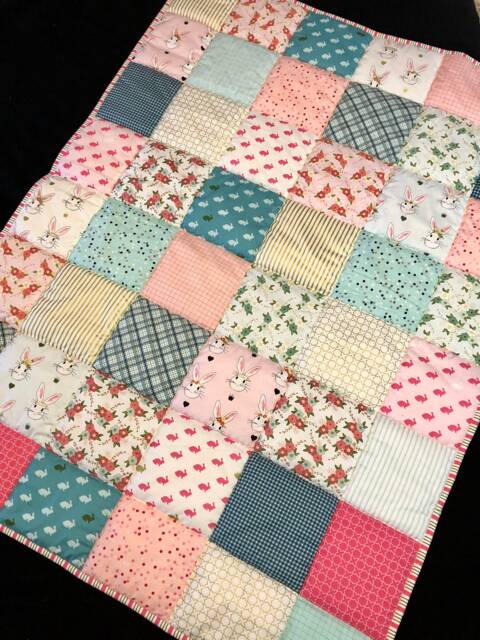 Bunny Rabbit Pink Green Floral Metallic Baby Crib Quilt, Easter Bunny, Minky, Girl Woodland Blanket, Ready To Ship - image 1