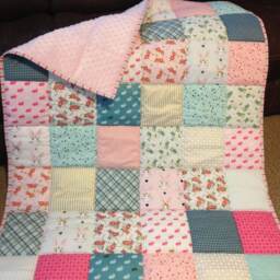 Bunny Rabbit Pink Green Floral Metallic Baby Crib Quilt, Easter Bunny, Minky, Girl Woodland Blanket, Ready To Ship - thumbnail 4