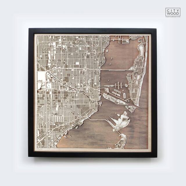 Laser Cut Miami Wood Map - Framed 3D Minimalist Wall Art - image 1