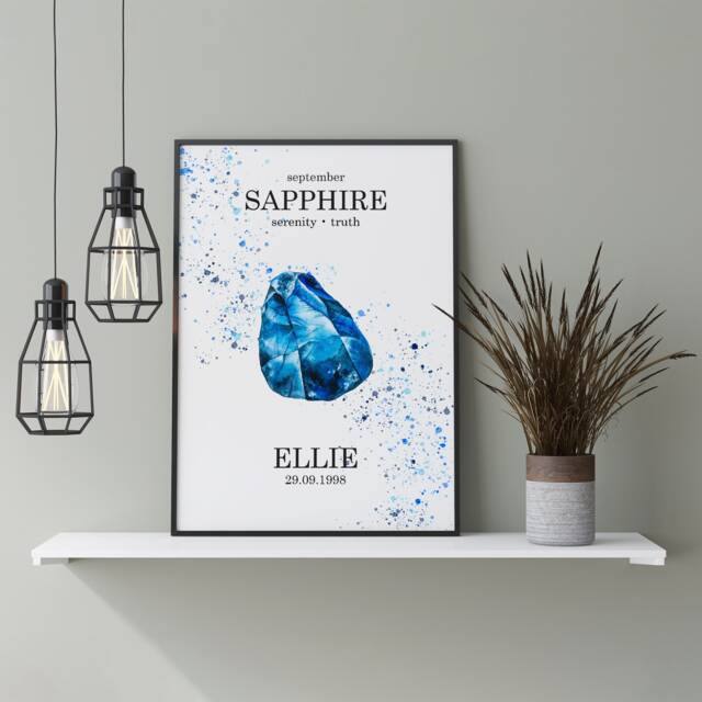 Personalised Sapphire September Birthstone Watercolour Splash A3, A4, 5x7 & 4x6 Wall Art Prints