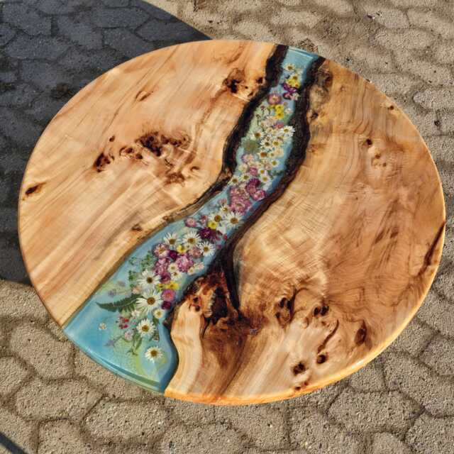Round Dining Table, Led, Real Flower Design, Epoxy Resin Artwork, River Color Pistachio - image 1