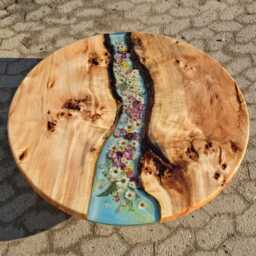 Round Dining Table, Led, Real Flower Design, Epoxy Resin Artwork, River Color Pistachio - thumbnail 3