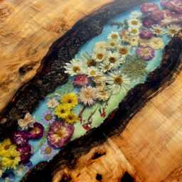 Round Dining Table, Led, Real Flower Design, Epoxy Resin Artwork, River Color Pistachio - thumbnail 2