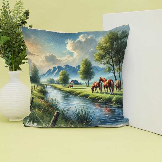 Horses By River Canvas Cushion Cover Scenic Mountain Landscape - image 1