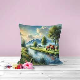 Horses By River Canvas Cushion Cover Scenic Mountain Landscape - thumbnail 3