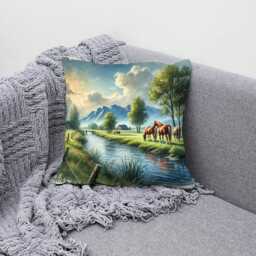 Horses By River Canvas Cushion Cover Scenic Mountain Landscape - thumbnail 2