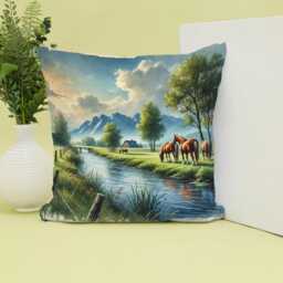 Horses By River Canvas Cushion Cover Scenic Mountain Landscape - thumbnail 1
