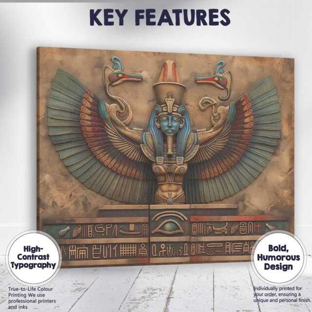 Ancient Egyptian Winged Goddess Stone Relief Hieroglyphic Artwork Canvas Wall Art Print Decor Picture Ready To Hang - image 1