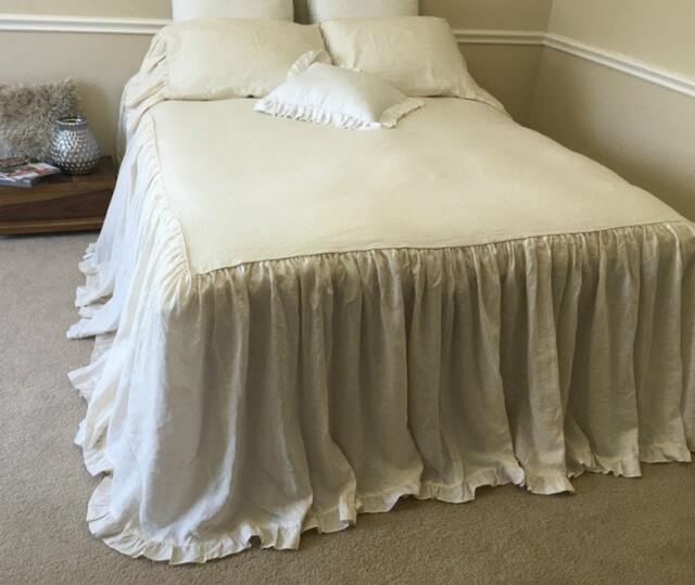 Cream Bedspread With Cinderella Ruffles Hem, Available in Queen, King, Cream Bedding, Linen - image 1