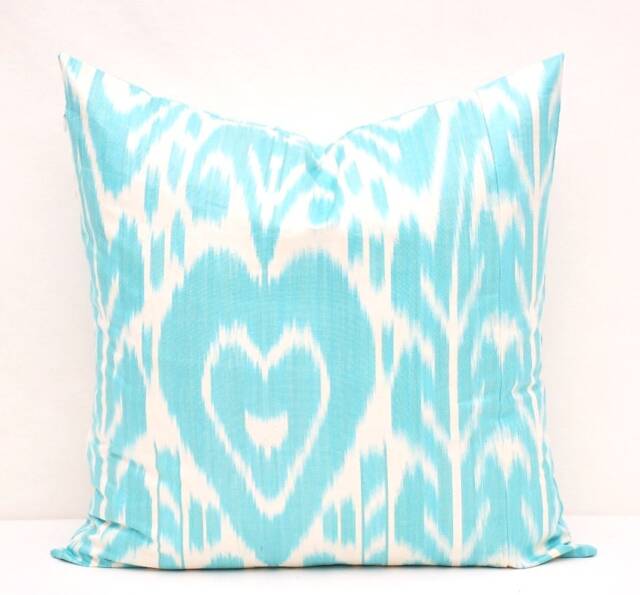 Aqua Ikat Pillow Cover, Handmade Cotton Cushion - 20x20 In - image 1