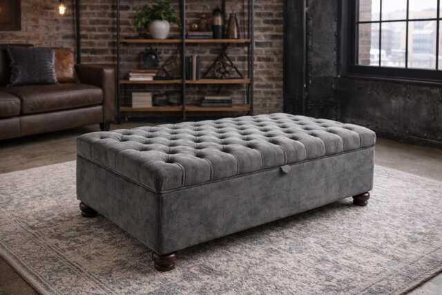 Extra Large Chesterfield Storage Ottoman Footstool in Grey Velvet Hard Wood Legs - image 1
