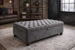 Extra Large Chesterfield Storage Ottoman Footstool in Grey Velvet Hard Wood Legs - thumbnail 1