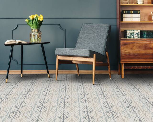 Modern Elegant Pattern Vinyl Flooring, Beige Kitchen Makeover, Blue Flooring Decor, Leaves Floor Protector - image 1