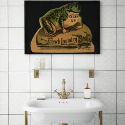 Retro Frog Giclee Print, Vintage Animal Poster, Antique Bathroom Wall Decor, French Laundry Room Printable Art, Funny Toad Art Canvas - thumbnail 2
