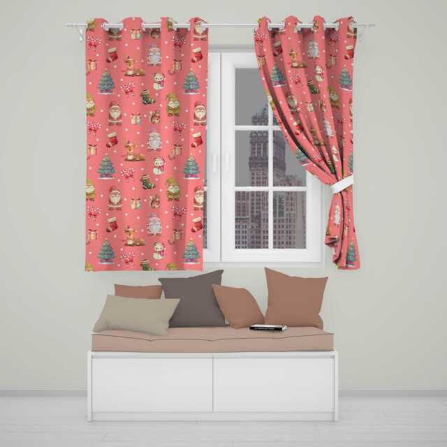 Christmas Gnome Reindeer Snowman Gift On Red Snow Dot Background Seamless Readymade Eyelet Ring Top Thermal 100% Blackout Curtains - image 1