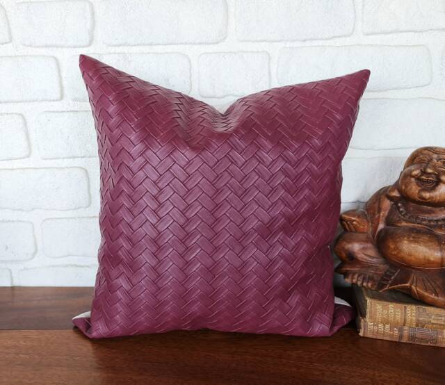 Plum Wicker Faux Leather Pillow Cover Modern Scandinavian Decor - 16x16'' - image 1