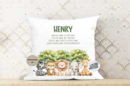 Personalised Safari Animal Book Cushion, Kids Storytime Pillow - thumbnail 1