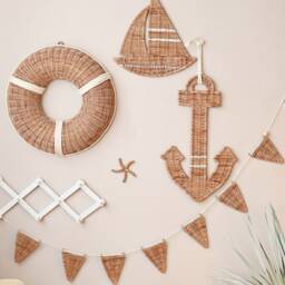 Handmade Wicker Nautical Wall Decor Set Anchor, Boat, Lifebuoy - thumbnail 2