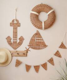 Handmade Wicker Nautical Wall Decor Set Anchor, Boat, Lifebuoy - thumbnail 1