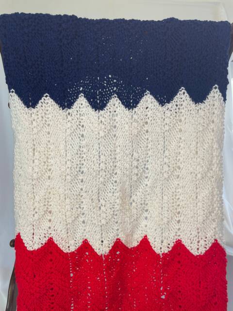 Knit Baby Blanket - Red White & Blue Striped Chevron Shower Gift. Knitted - image 1
