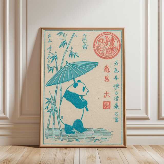 Panda Poster With Bamboo Grove - Asian Woodblock Style Art Teal Cream Folk Illustration - image 1