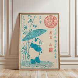 Panda Poster With Bamboo Grove - Asian Woodblock Style Art Teal Cream Folk Illustration - thumbnail 1