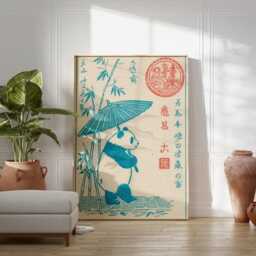 Panda Poster With Bamboo Grove - Asian Woodblock Style Art Teal Cream Folk Illustration - thumbnail 3