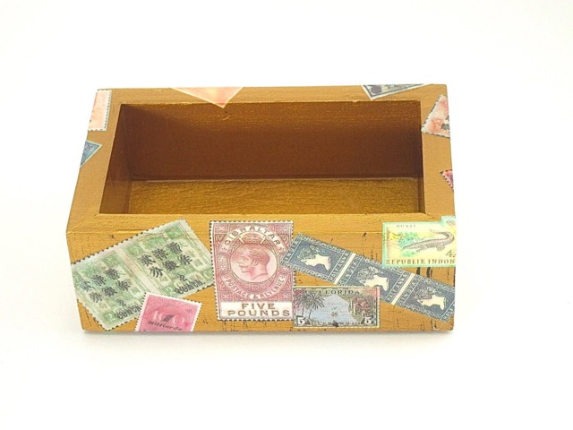 Decoupage Business Card Holder Hand-Painted International Stamps Desk Decor - image 1
