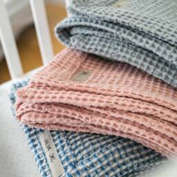 Waffle Linen Baby Blanket in Stylish Dusty Blue/Soft & Absorbant Throw/Newborn Deep Hems Blanket/Free Shipping - thumbnail 3
