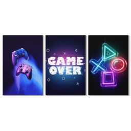Canvas Set Of 3 Wall Art - Gamepads With Game Over Icons, Blue Art, Specific Hobby Decor - thumbnail 2