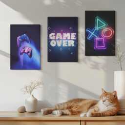 Canvas Set Of 3 Wall Art - Gamepads With Game Over Icons, Blue Art, Specific Hobby Decor - thumbnail 3