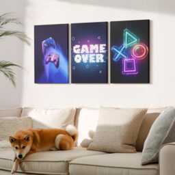 Canvas Set Of 3 Wall Art - Gamepads With Game Over Icons, Blue Art, Specific Hobby Decor - thumbnail 1