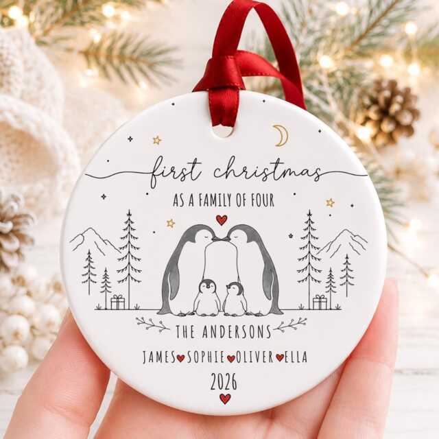First Christmas As A Family Of Four Ornament - Personalised Penguin Bauble Ceramic Decoration New Baby Keepsake - image 1