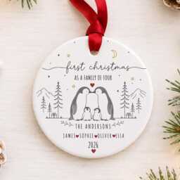 First Christmas As A Family Of Four Ornament - Personalised Penguin Bauble Ceramic Decoration New Baby Keepsake - thumbnail 2