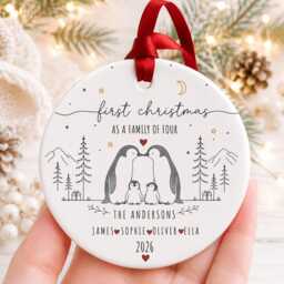First Christmas As A Family Of Four Ornament - Personalised Penguin Bauble Ceramic Decoration New Baby Keepsake - thumbnail 1