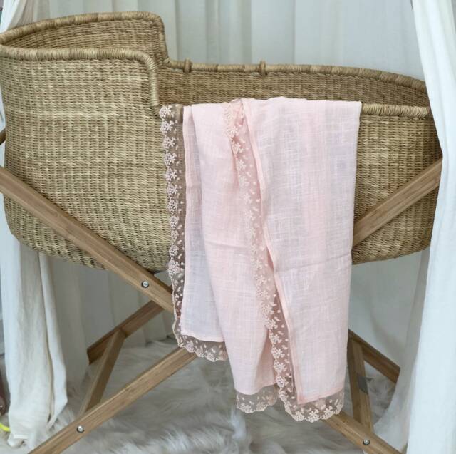 Baby Swaddle . Cotton & Lace Blanket Baby Christening Gift Shower Gift. Receiving - image 1