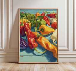 Colorful Peppers Kitchen Wall Art, Modern Still Life Painting Print, Vibrant Vegetable Poster, Farmhouse Decor Artwork - thumbnail 1