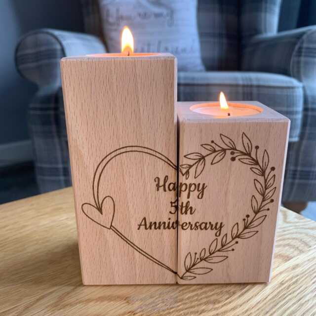 Set Of Two Wooden Tea Light Holder - Happy 5Th Anniversary Heart - Gift Wedding 5 Year - image 1