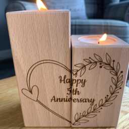 Set Of Two Wooden Tea Light Holder - Happy 5Th Anniversary Heart - Gift Wedding 5 Year - thumbnail 3